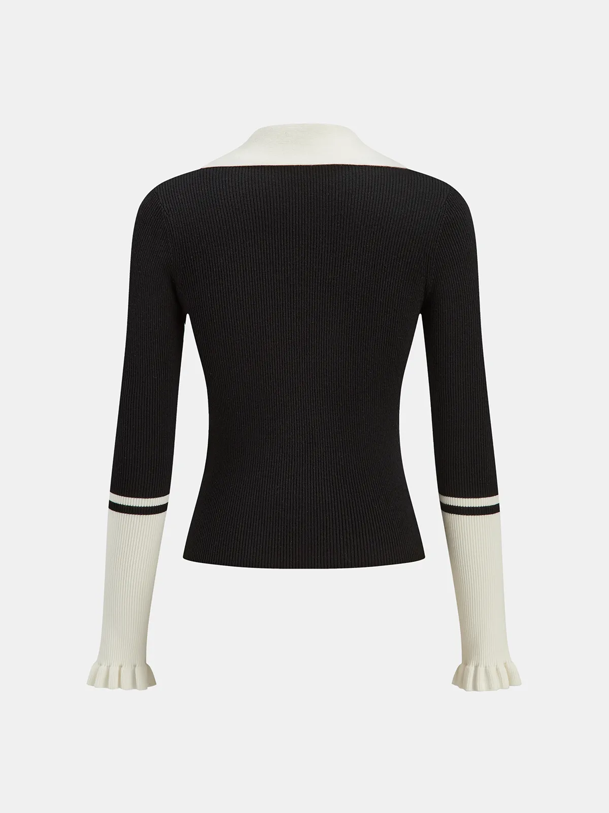 Ruffled Cuff Color-Block Collared Knit Top sold by COMMENSE product image thumbnail 2