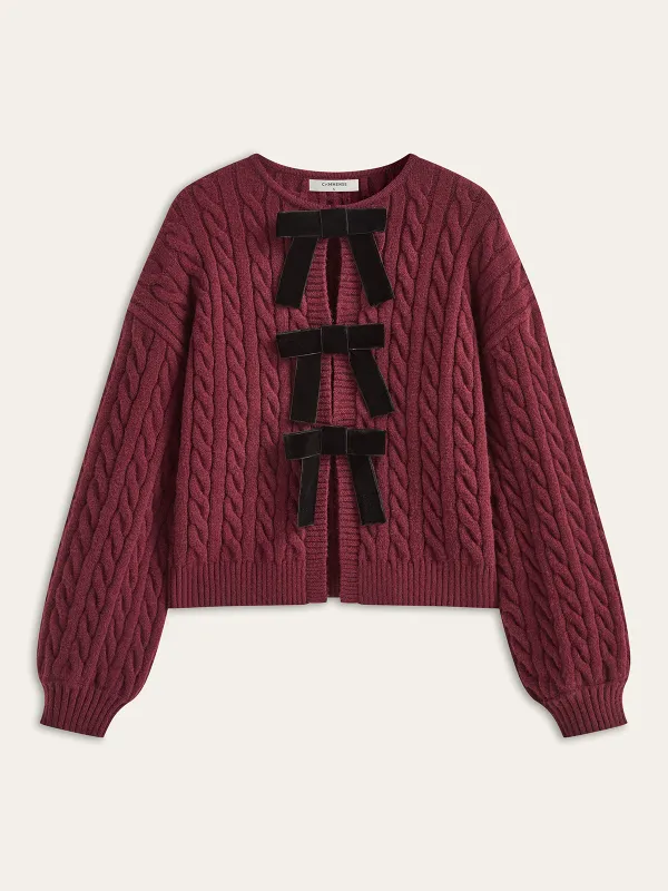 Velvet Bow Cable Knit Cardigan sold by COMMENSE