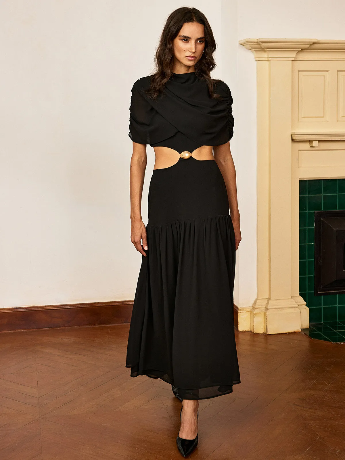 Metal Detail Cut-Out Chiffon Maxi Dress sold by COMMENSE product image thumbnail 5