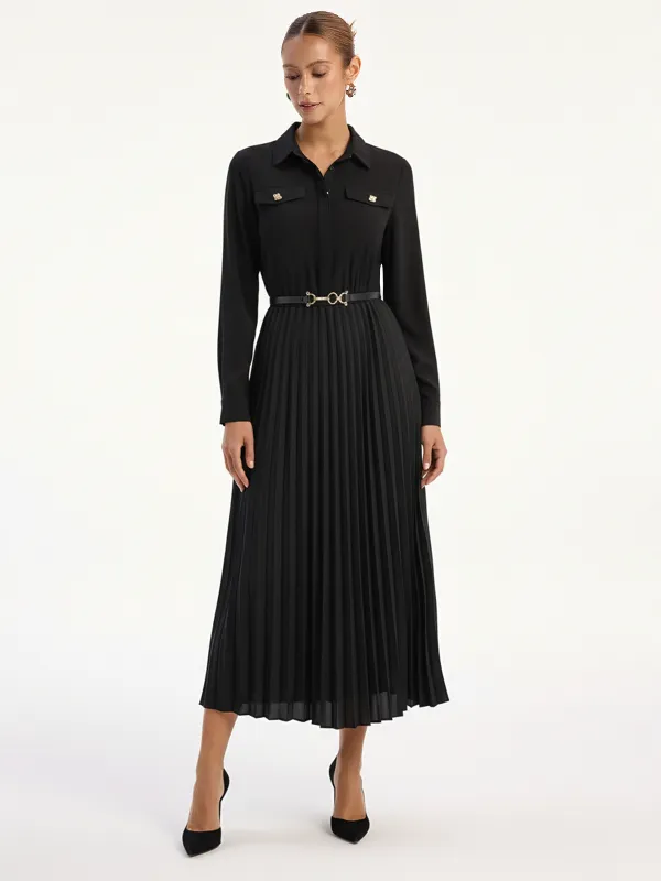 Belted Pleated Long Sleeve Shirt Dress sold by COMMENSE