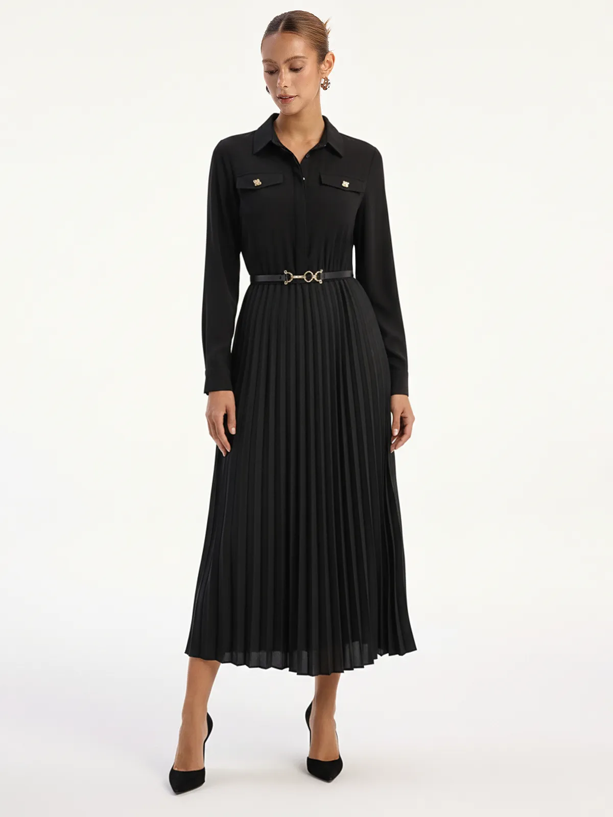 Belted Pleated Long Sleeve Shirt Dress sold by COMMENSE