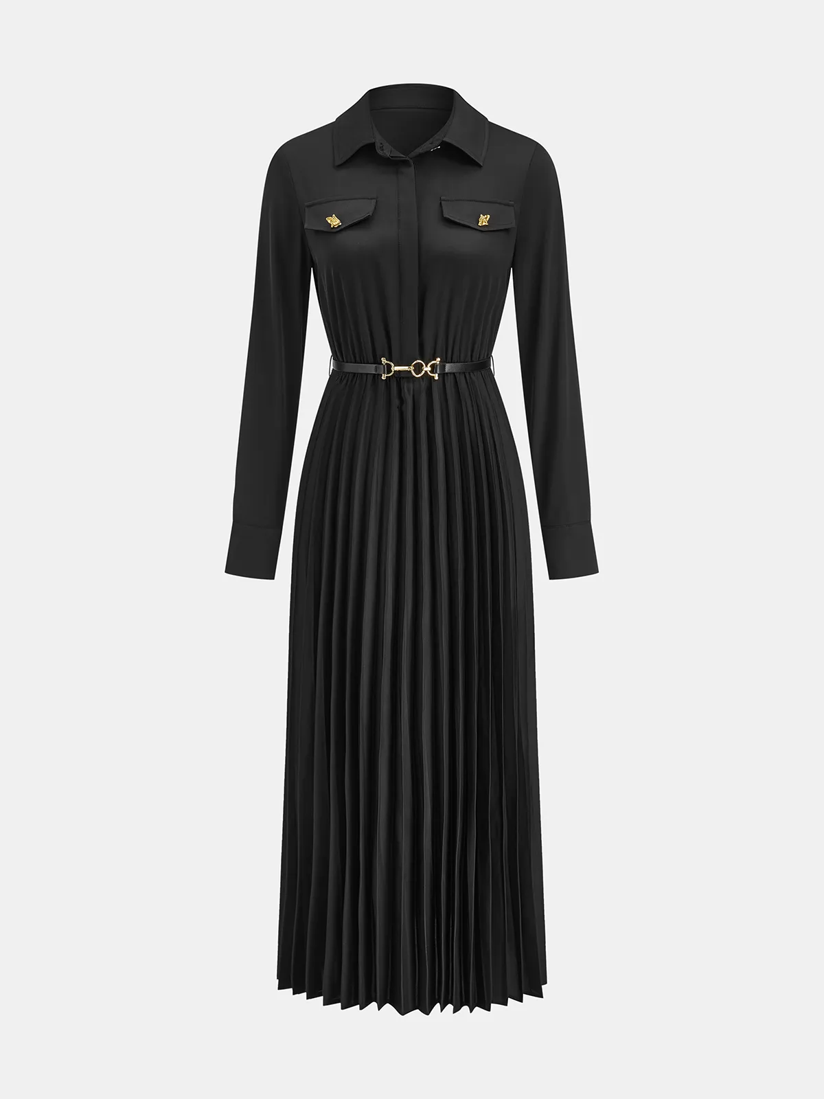 Belted Pleated Long Sleeve Shirt Dress sold by COMMENSE product image thumbnail 2