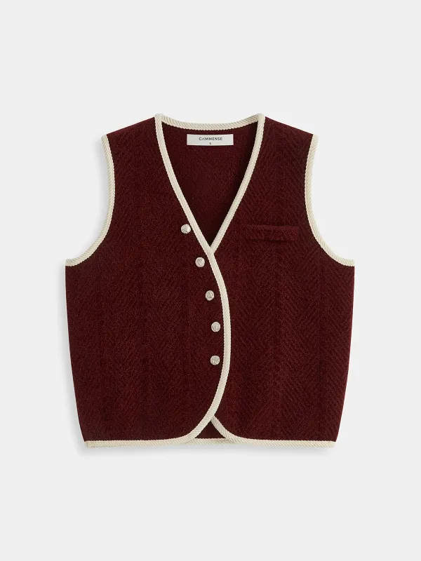 Curved Contrast Trim Chenille Blend Vest sold by COMMENSE
