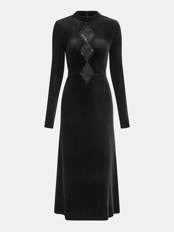 Lace Panel Velvet Long-Sleeve Maxi Dress sold by COMMENSE