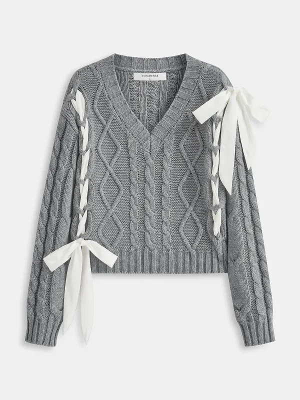 V-Neck Cable-Knit Bow Sweater sold by COMMENSE