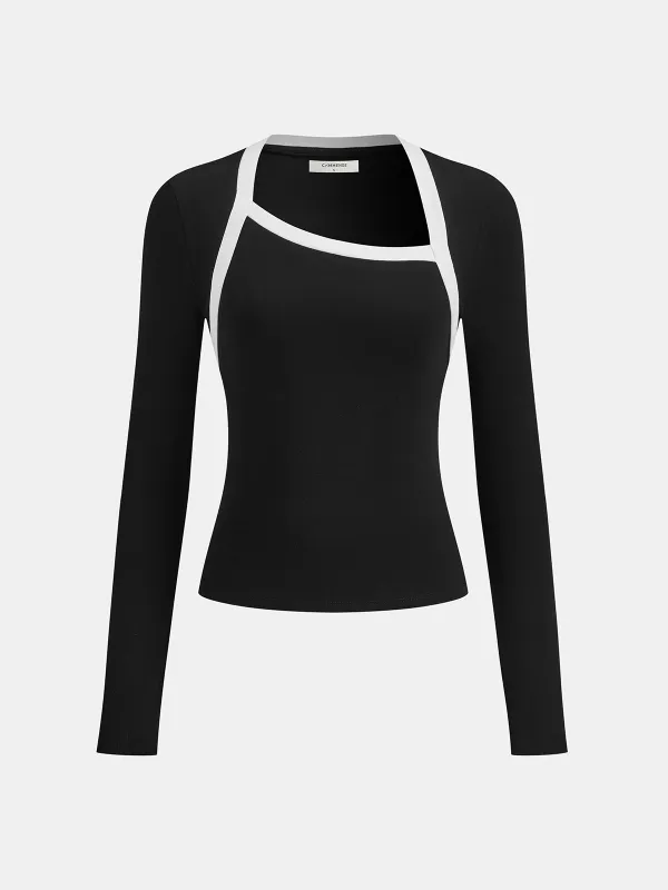 Contrast Trim Asymmetric Neckline T-Shirt sold by COMMENSE
