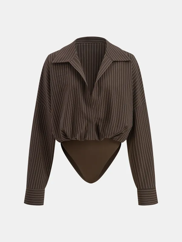 Striped Long-Sleeve Collared Bodysuit sold by COMMENSE