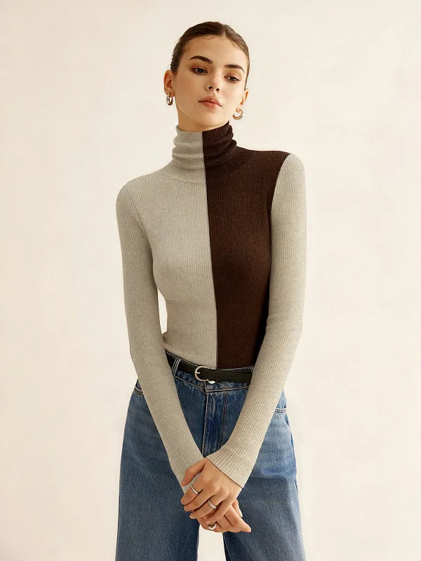 Two-Tone Turtleneck Ribbed Knit Top sold by COMMENSE