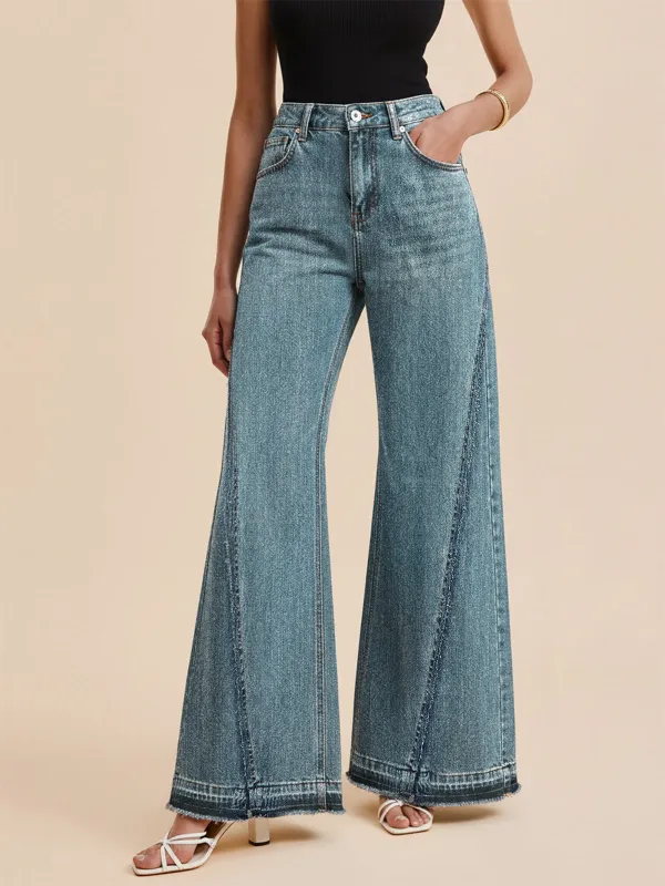 Frayed Hem Paneled Design High-Waisted Jeans sold by COMMENSE