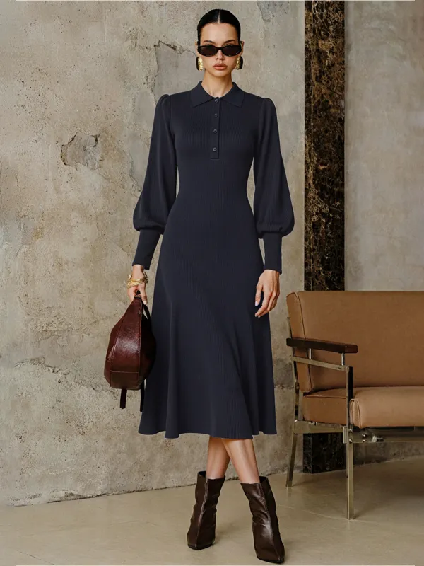 Leg-Of-Mutton Sleeve Wool Blend Collared Midi Dress sold by COMMENSE
