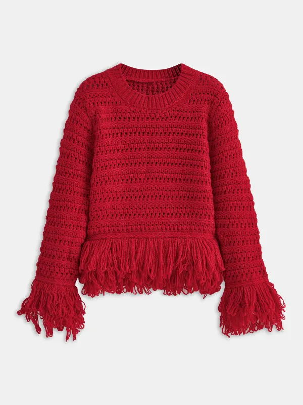 Fringe Hem Crochet Knit Sweater sold by COMMENSE