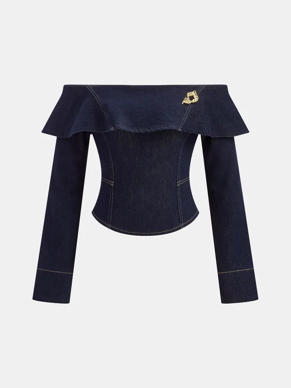 Off-Shoulder Ruffle Collar Denim Top sold by COMMENSE