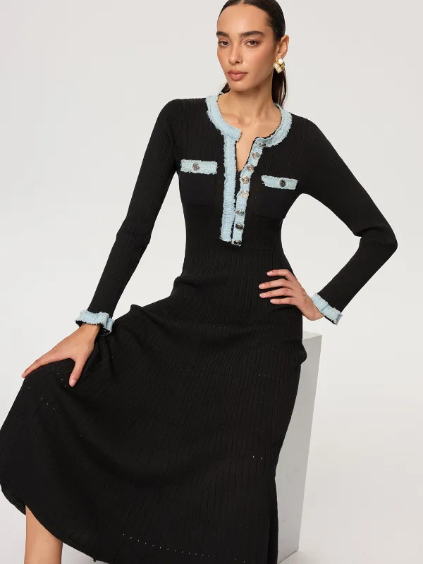 Denim Panel Knit Maxi Dress sold by COMMENSE