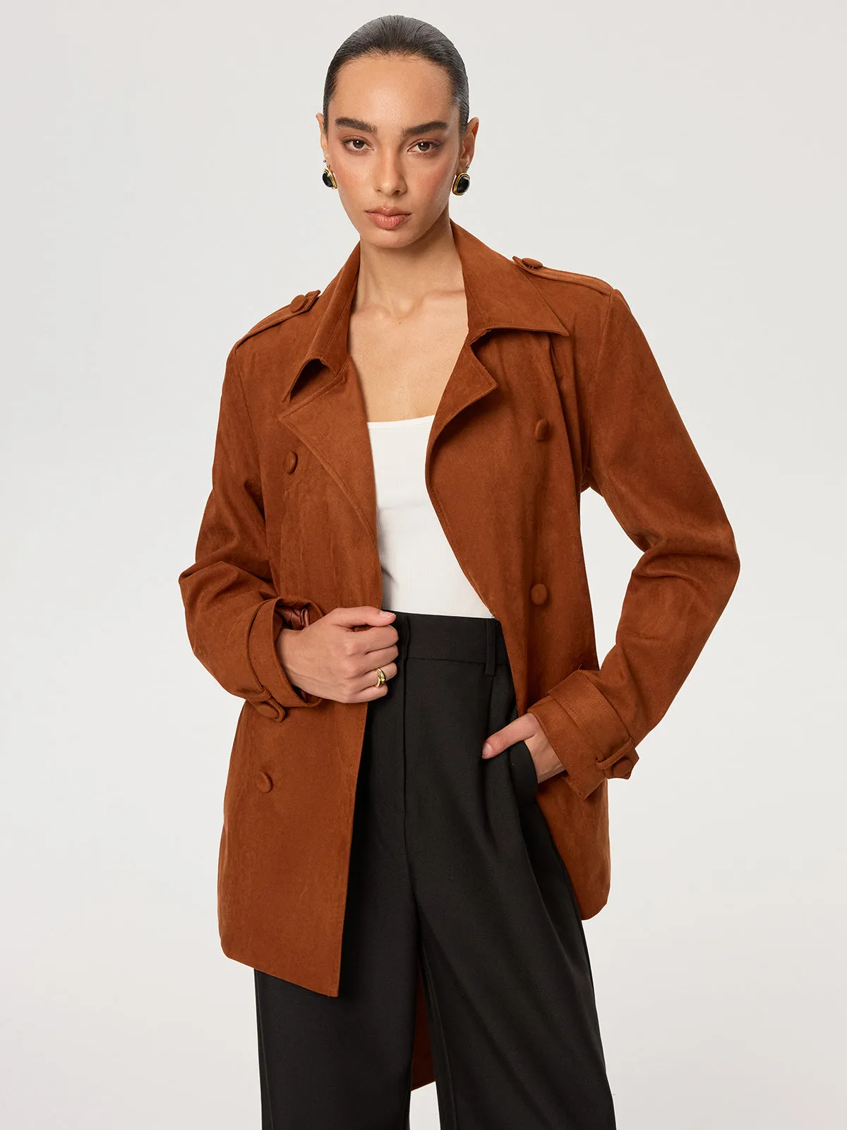 Suede Effect Belted Trench Coat sold by COMMENSE product image thumbnail 3