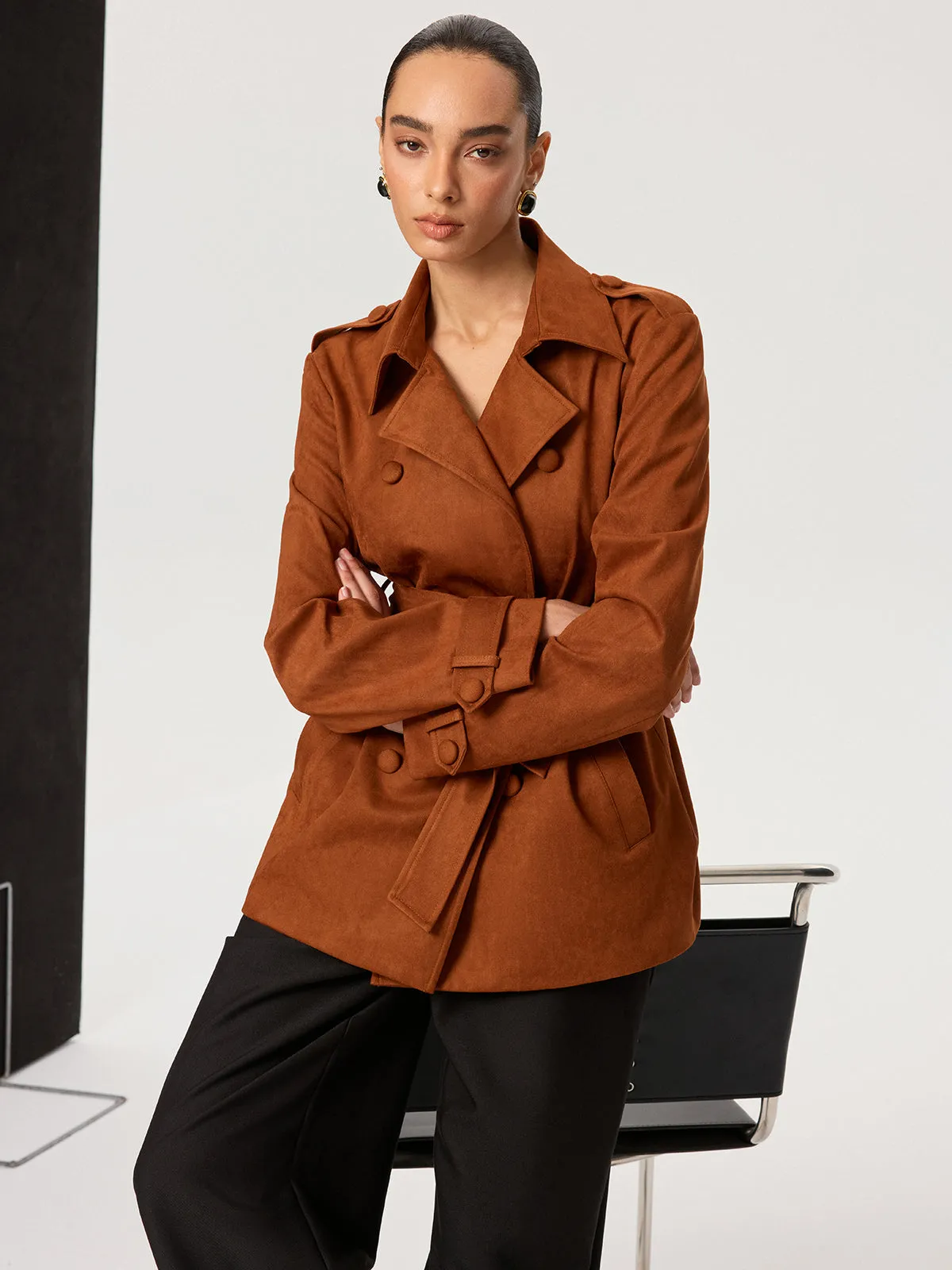 Suede Effect Belted Trench Coat sold by COMMENSE