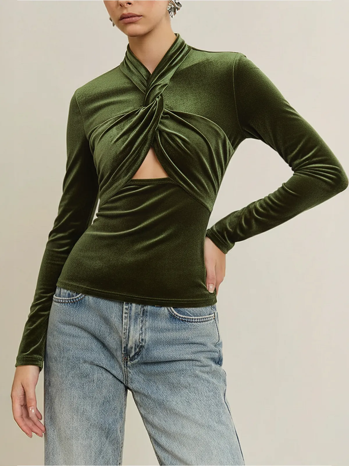 Velvet Twist Front Cut-Out Long Sleeve Blouse sold by COMMENSE product image thumbnail 2