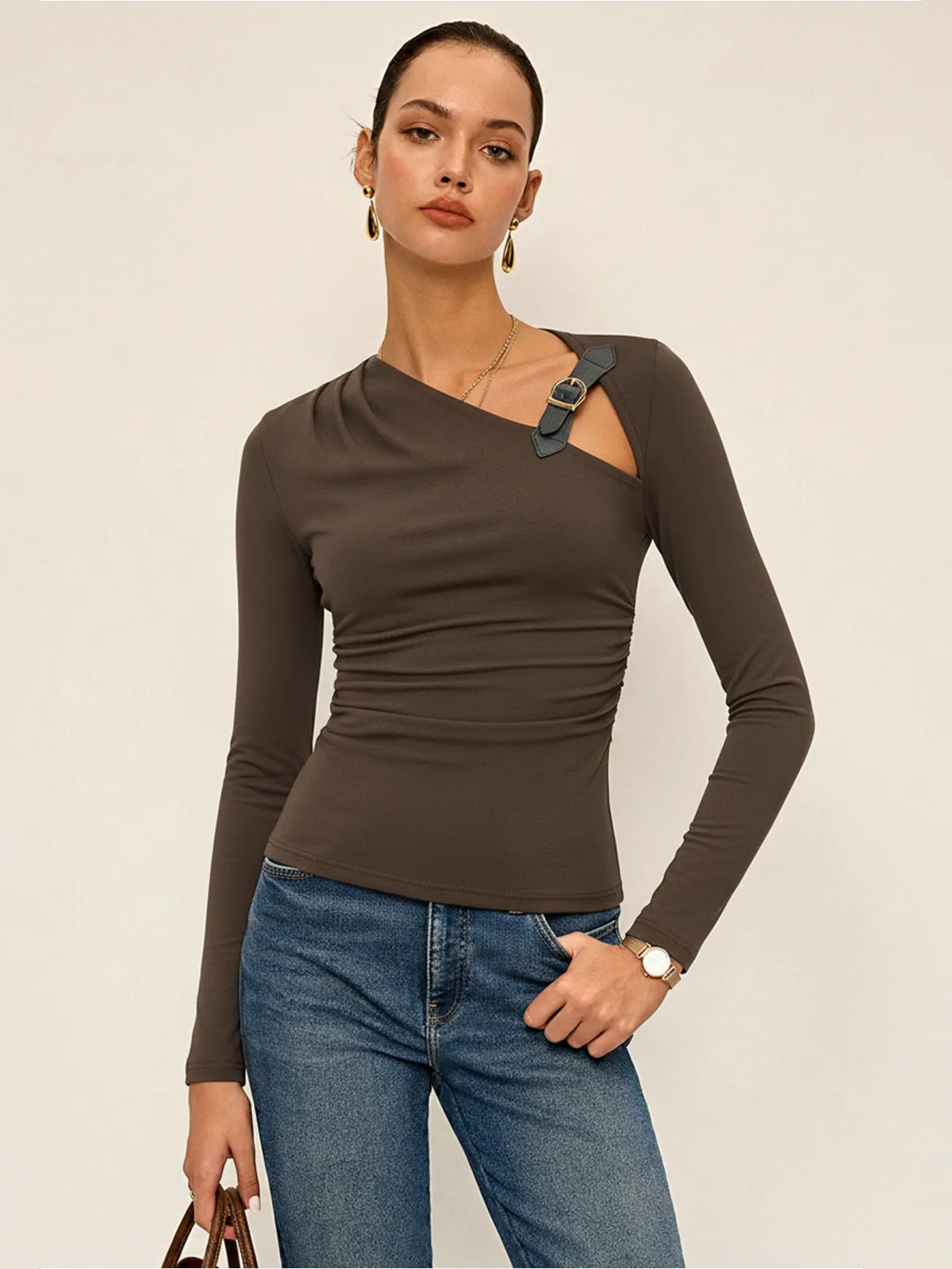 Belt-Decor Asymmetric Long Sleeve T-Shirt sold by COMMENSE