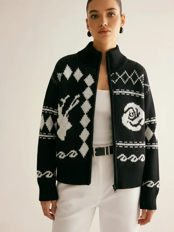 Fair Isle Zip-Up Knit Cardigan sold by COMMENSE