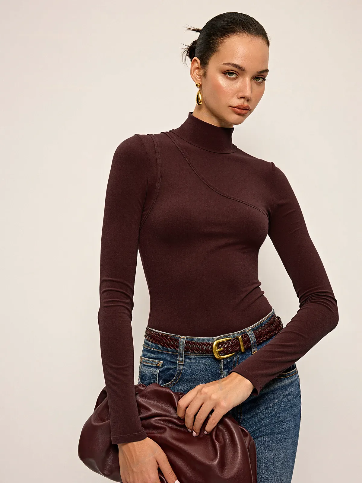 Seam Detail Mock Neck Long-Sleeve T-Shirt sold by COMMENSE