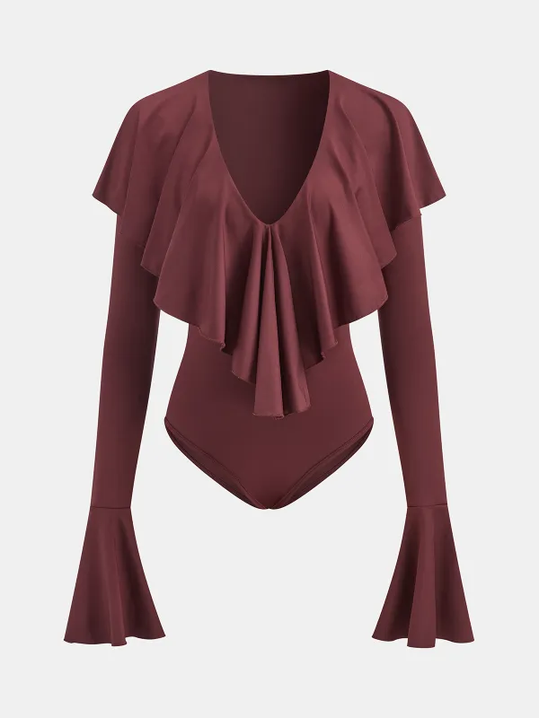 Ruffled V-Neck Bell-Sleeve Bodysuit sold by COMMENSE