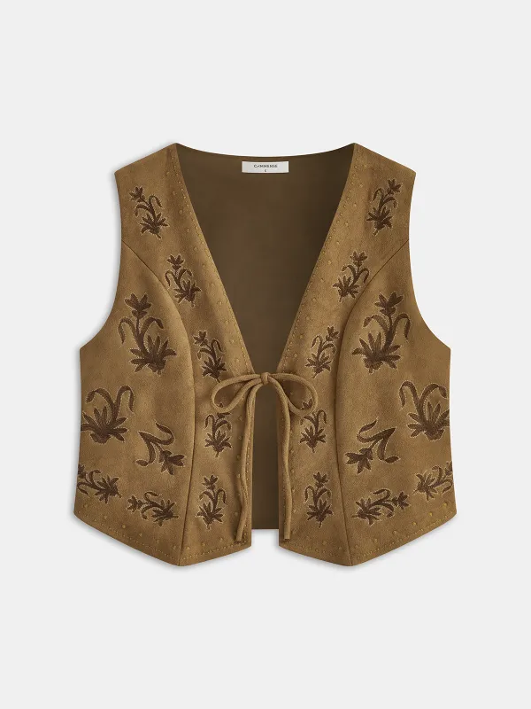 Suede Effect Embroidered Tie-Front Vest sold by COMMENSE