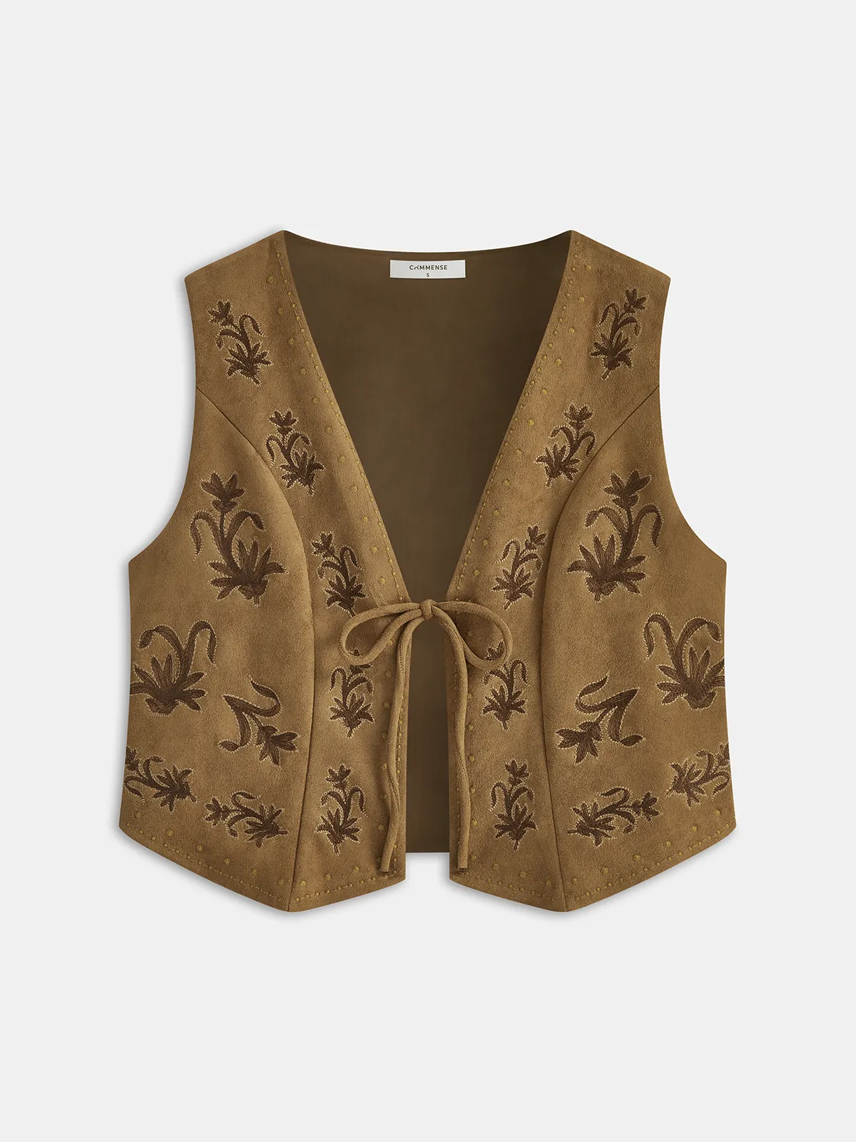 Suede Effect Embroidered Tie-Front Vest sold by COMMENSE