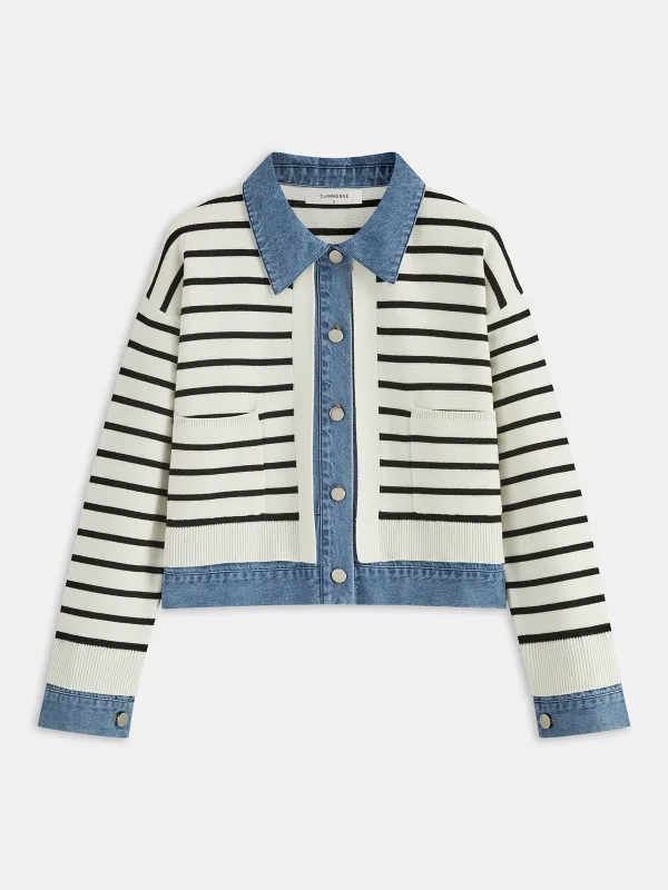 Denim Panel Striped Knit Shirt sold by COMMENSE