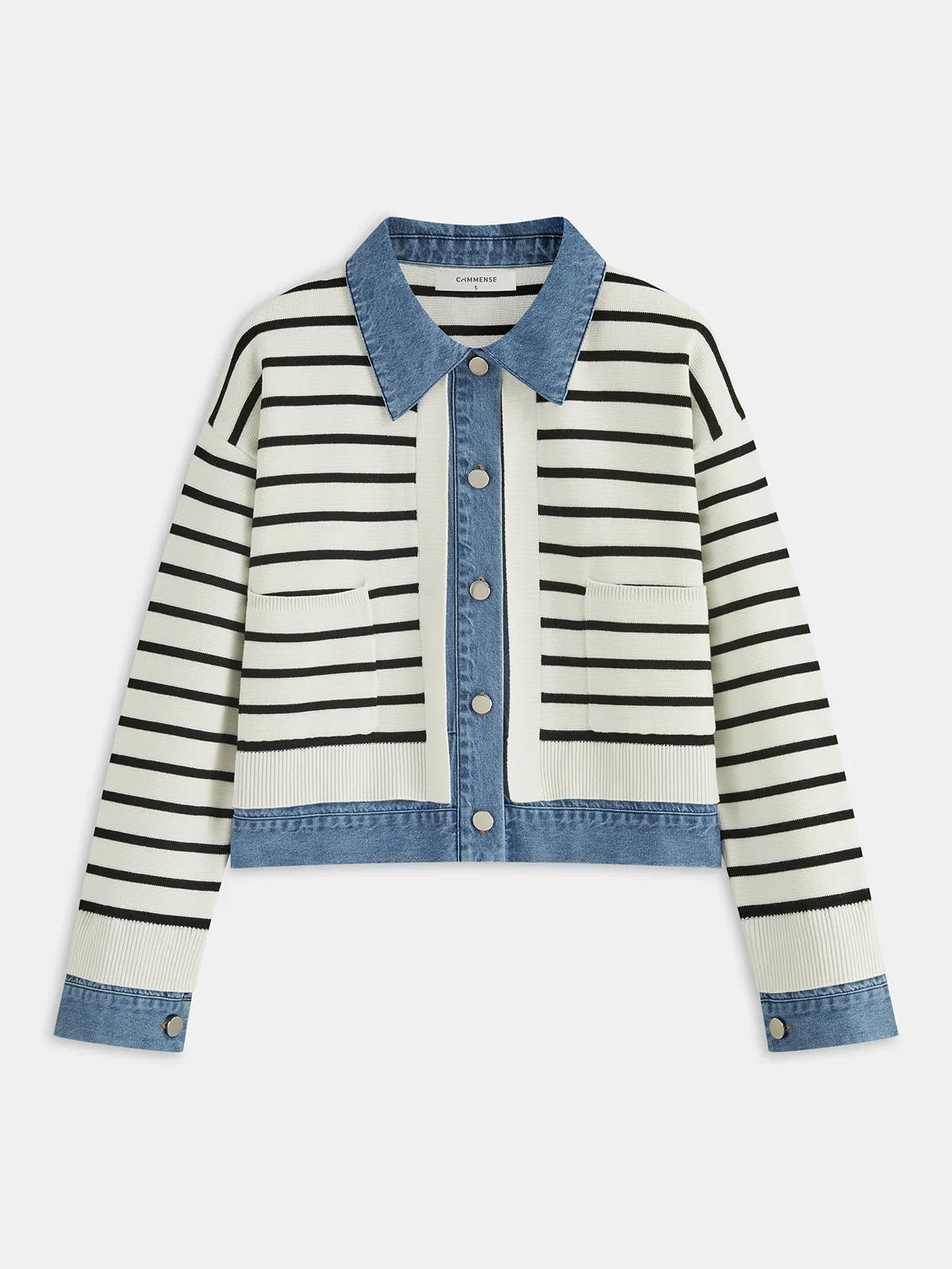 Denim Panel Striped Knit Shirt sold by COMMENSE