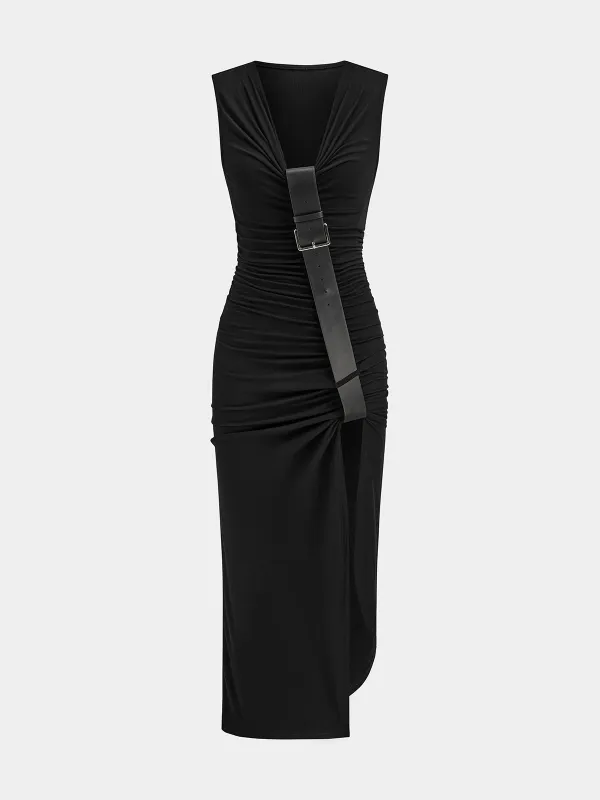 Belt-Decor Sleeveless Ruched Maxi Dress sold by COMMENSE