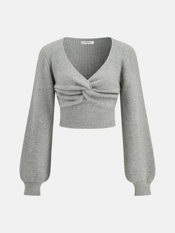 Twist Front Long Sleeve Cropped Knit Top sold by COMMENSE