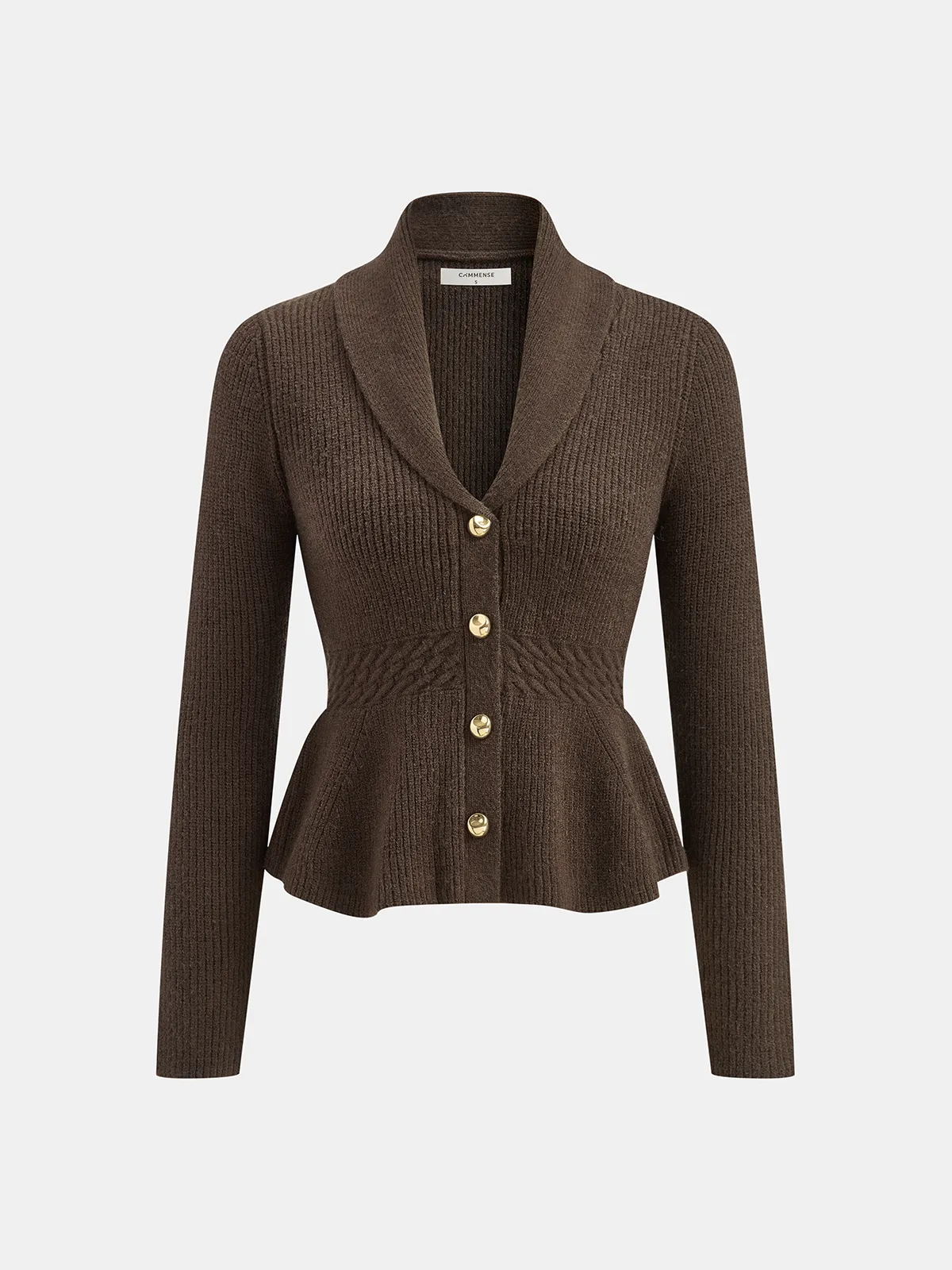 Shawl Collar Peplum Knit Cardigan sold by COMMENSE
