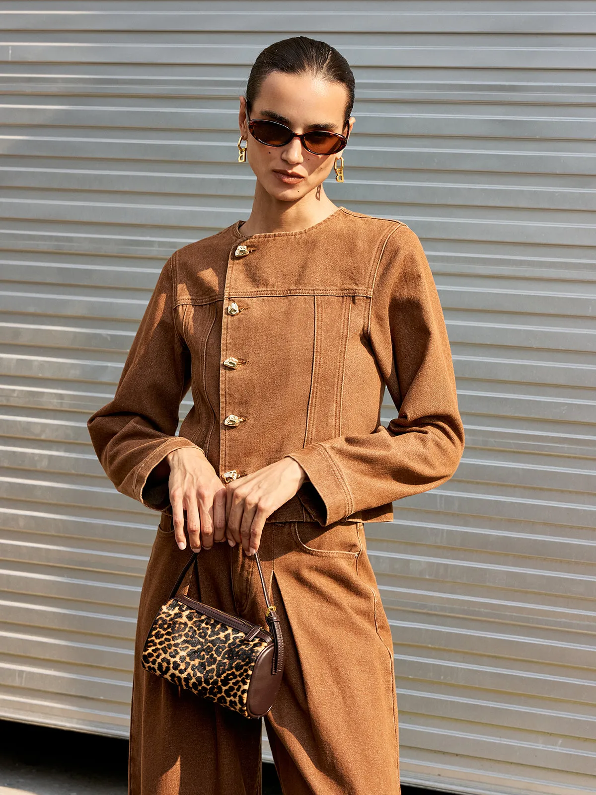 Metal Button Asymmetric Denim Jacket sold by COMMENSE product image thumbnail 4