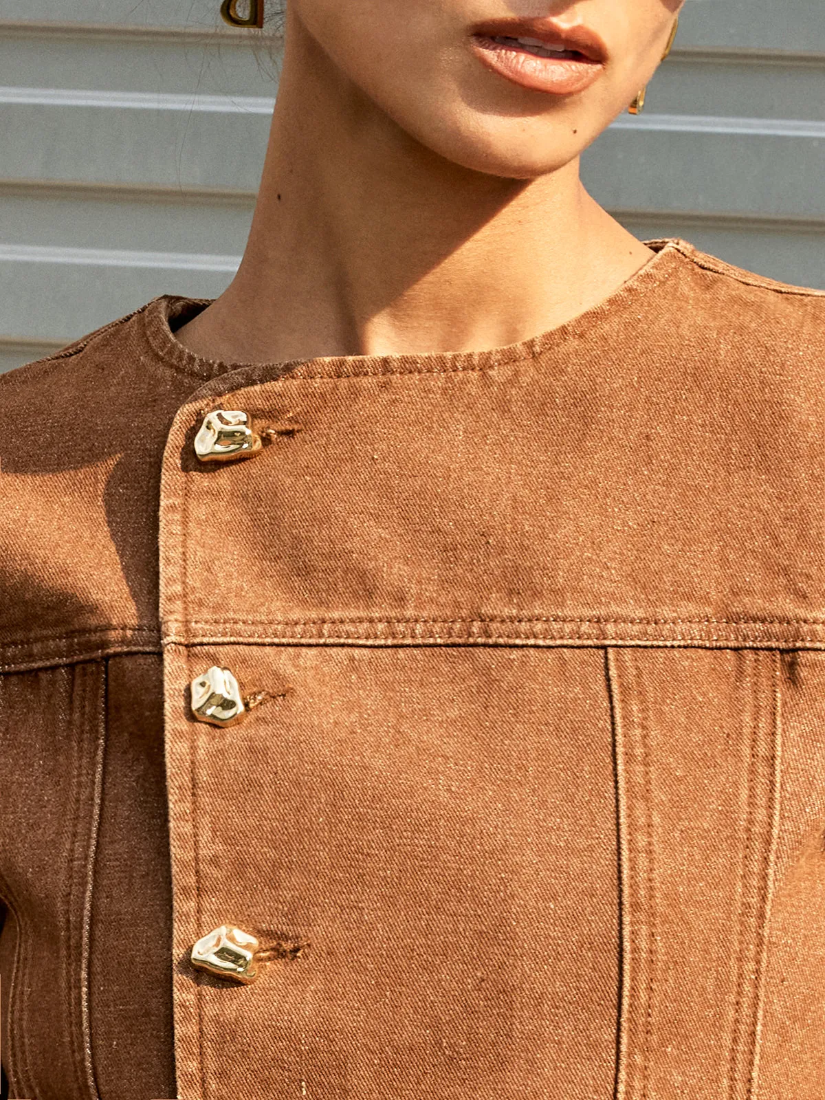 Metal Button Asymmetric Denim Jacket sold by COMMENSE product image thumbnail 5