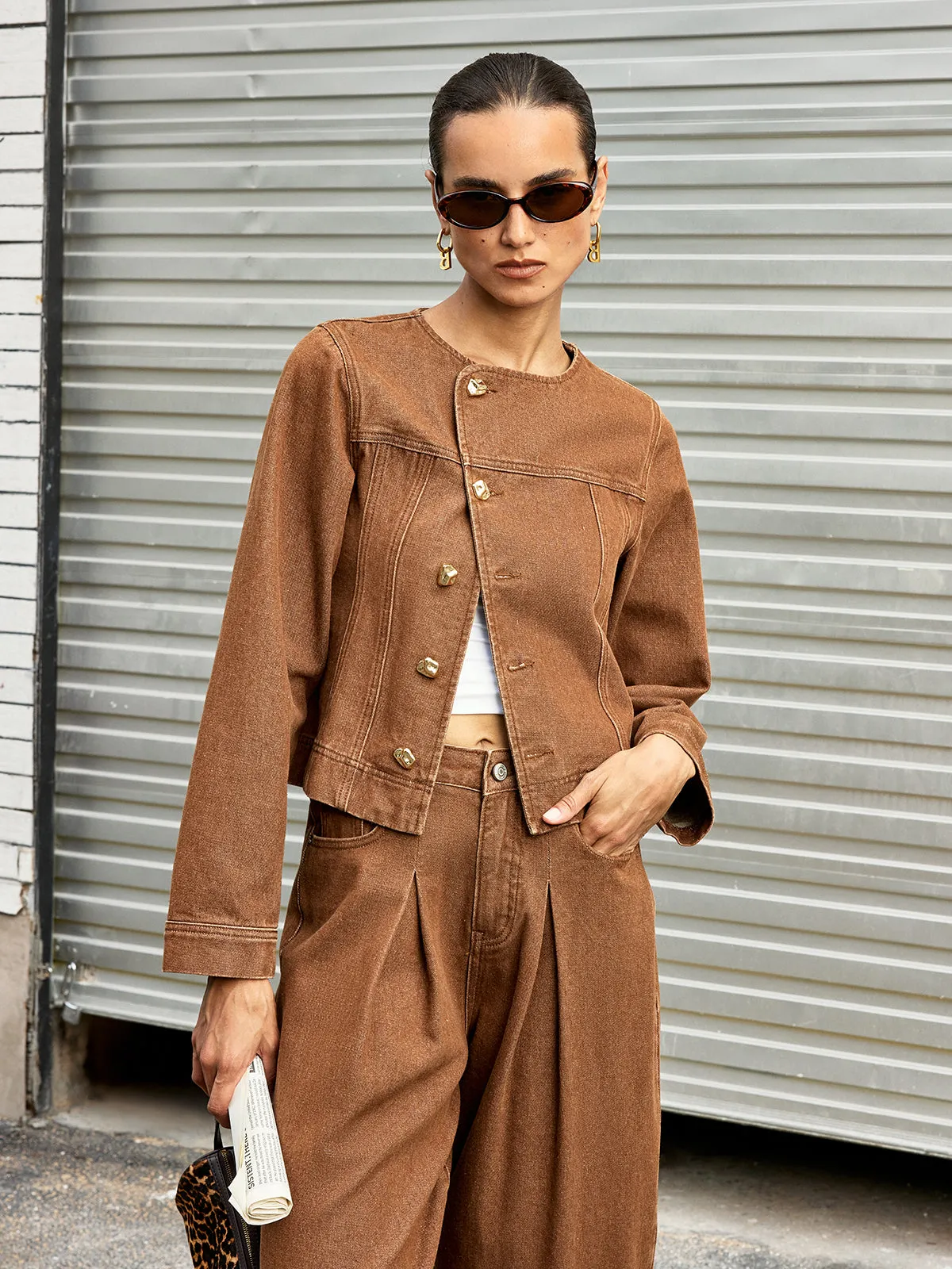 Metal Button Asymmetric Denim Jacket sold by COMMENSE product image thumbnail 2