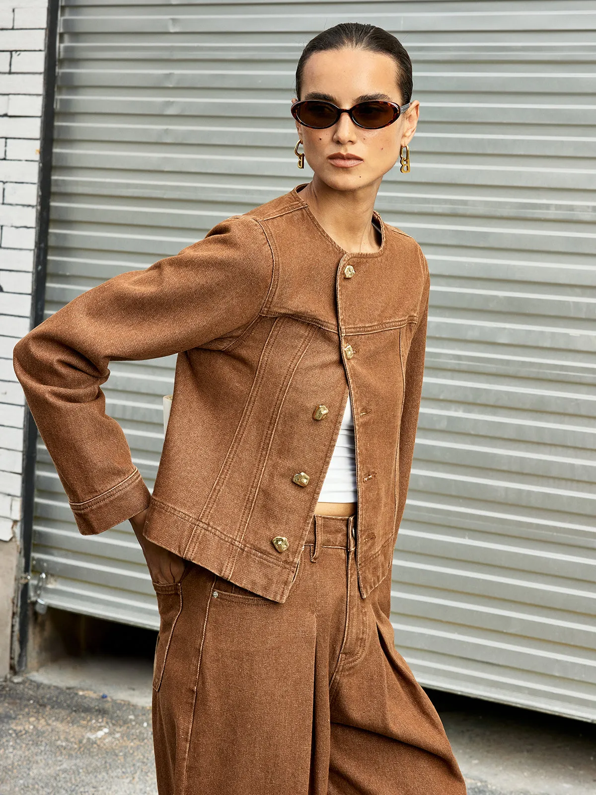 Metal Button Asymmetric Denim Jacket sold by COMMENSE product image thumbnail 3