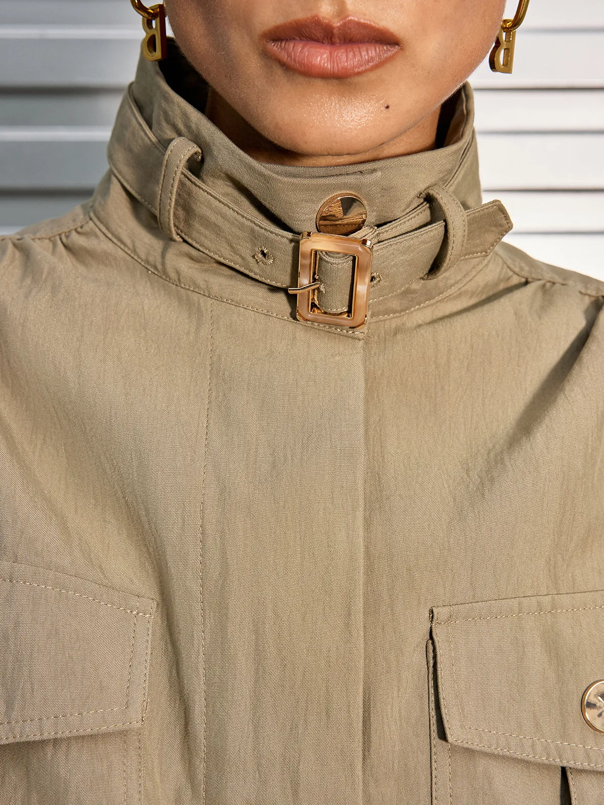 Belted Collar Cotton Blend Cropped Jacket sold by COMMENSE product image thumbnail 4