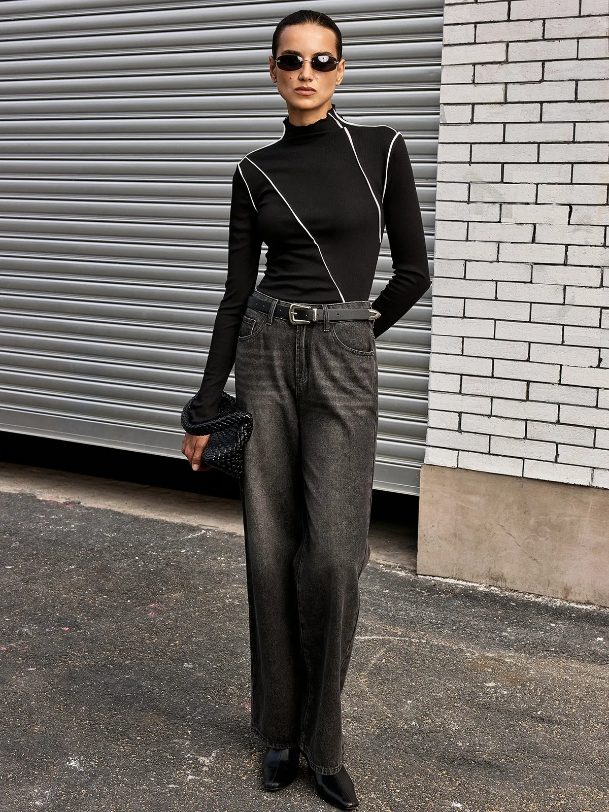 Contrast Asymmetric Piping Mock-Neck T-Shirt sold by COMMENSE product image thumbnail 5