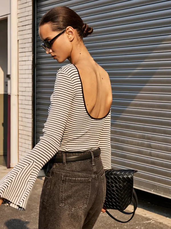 Flared Cuff Backless Striped Bodysuit sold by COMMENSE