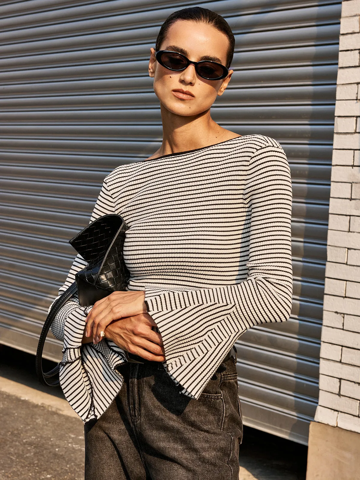 Flared Cuff Backless Striped Bodysuit sold by COMMENSE product image thumbnail 5