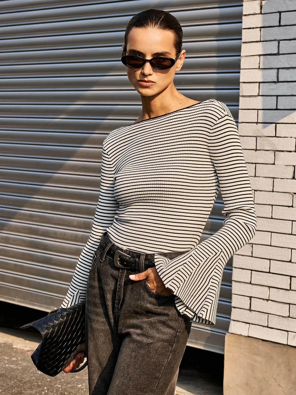 Flared Cuff Backless Striped Bodysuit sold by COMMENSE product image thumbnail 2