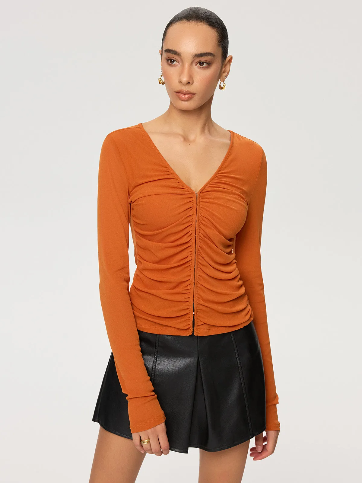 Hook-Eye Ruched V-Neck Long Sleeve Top sold by COMMENSE product image thumbnail 4