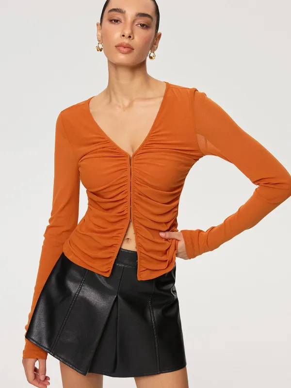 Hook-Eye Ruched V-Neck Long Sleeve Top sold by COMMENSE