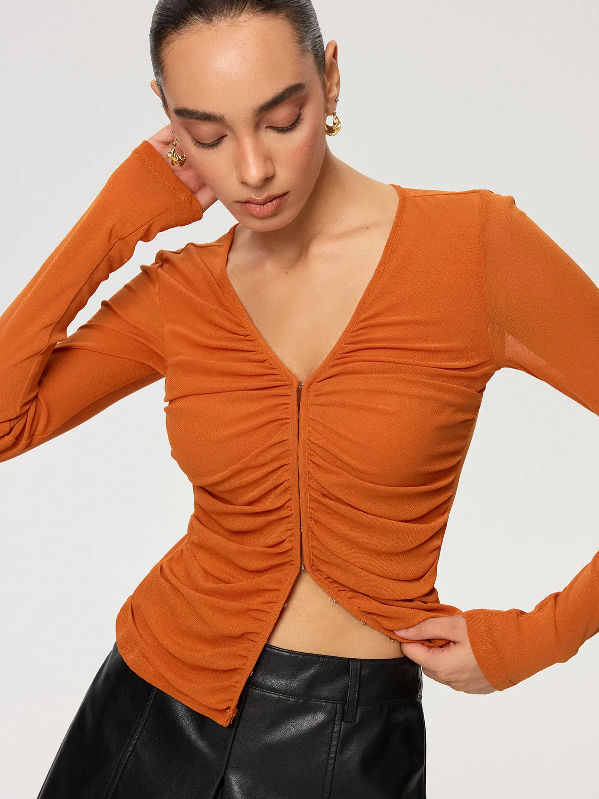 Hook-Eye Ruched V-Neck Long Sleeve Top sold by COMMENSE product image thumbnail 2