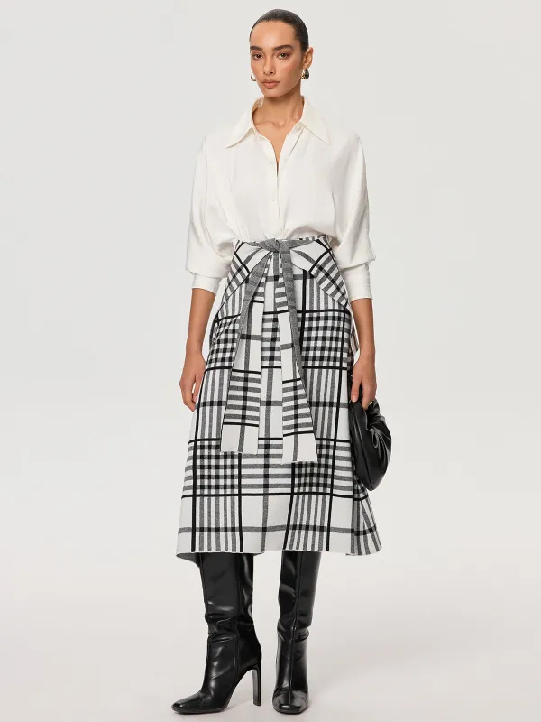Plaid Wool Blend Midi Skirt with Apron Belt sold by COMMENSE