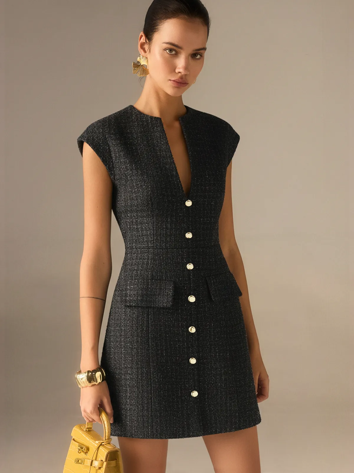 Metal Button Tweed Sleeveless Mini Dress sold by COMMENSE
