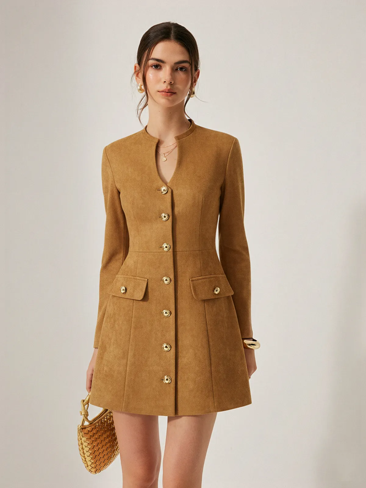 Metal Button Suede Effect Keyhole-Neck Mini Dress sold by COMMENSE