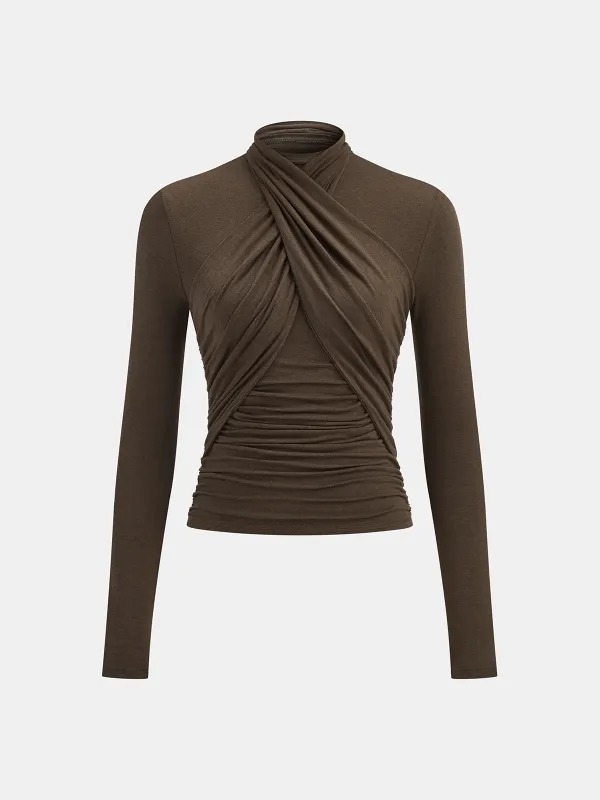 Ruched Cross-Front Long-Sleeve Blouse sold by COMMENSE
