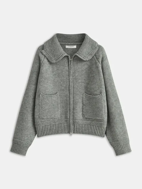 Lapel Zip-Up Knit Cardigan sold by COMMENSE