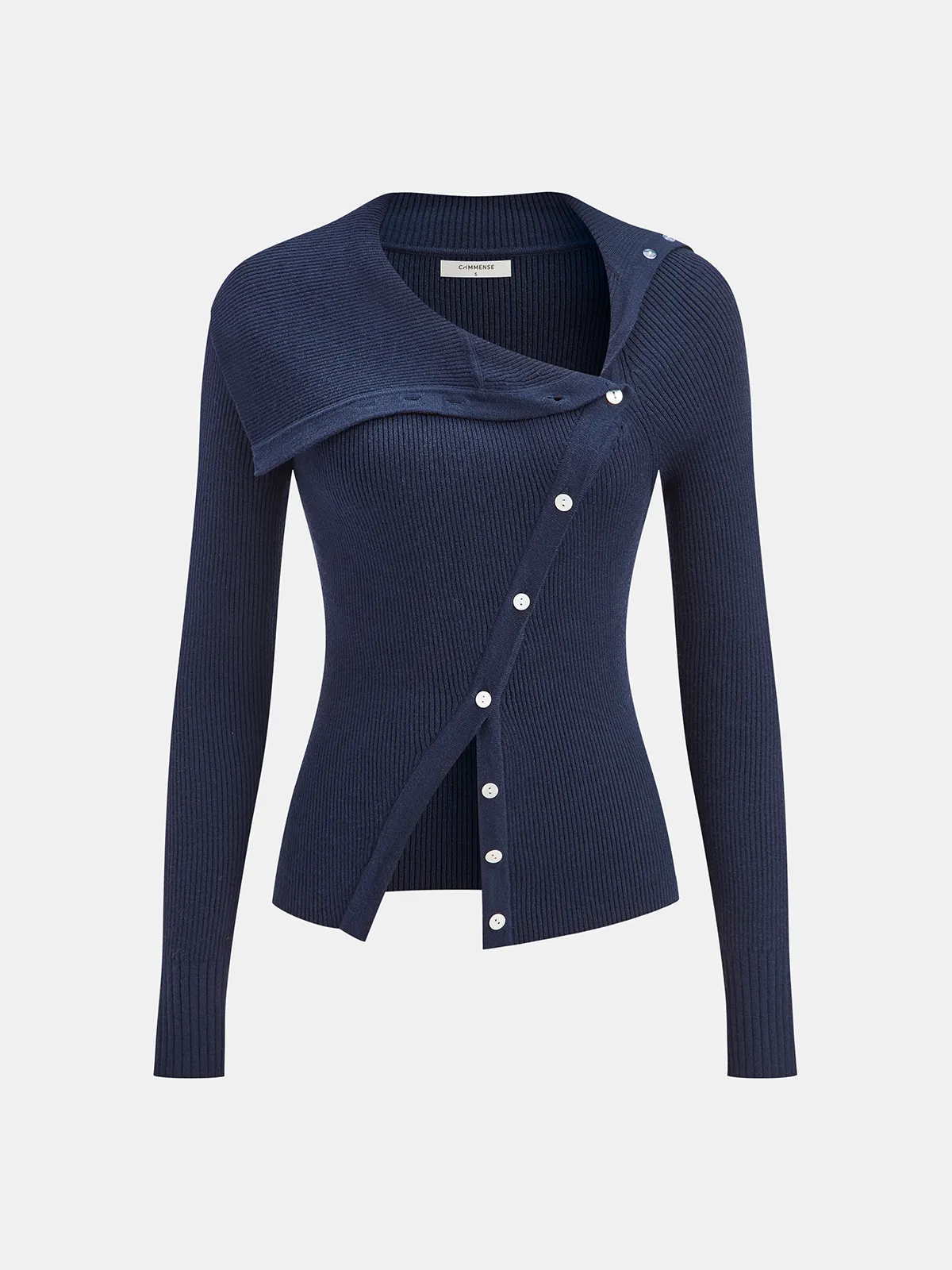 Asymmetric Lapel Button Front Knit Top sold by COMMENSE