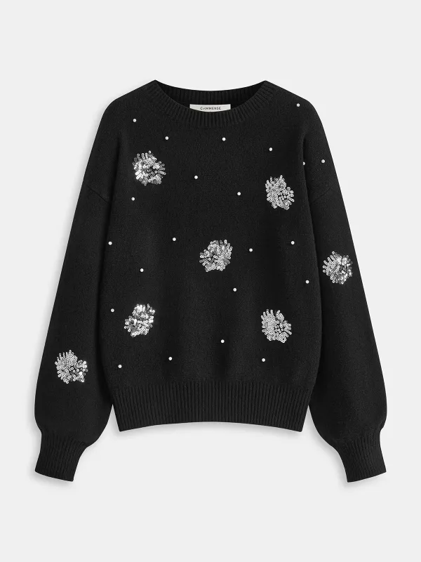 Sequin Floral & Pearl Accent Sweater sold by COMMENSE